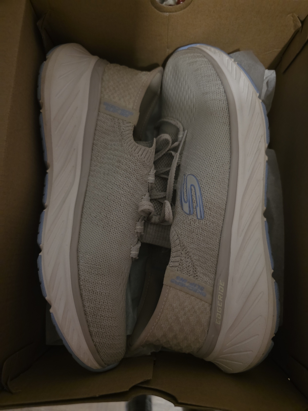 Skechers Womend Light Gray Knit Slip-On Sneakers with Blue Logo